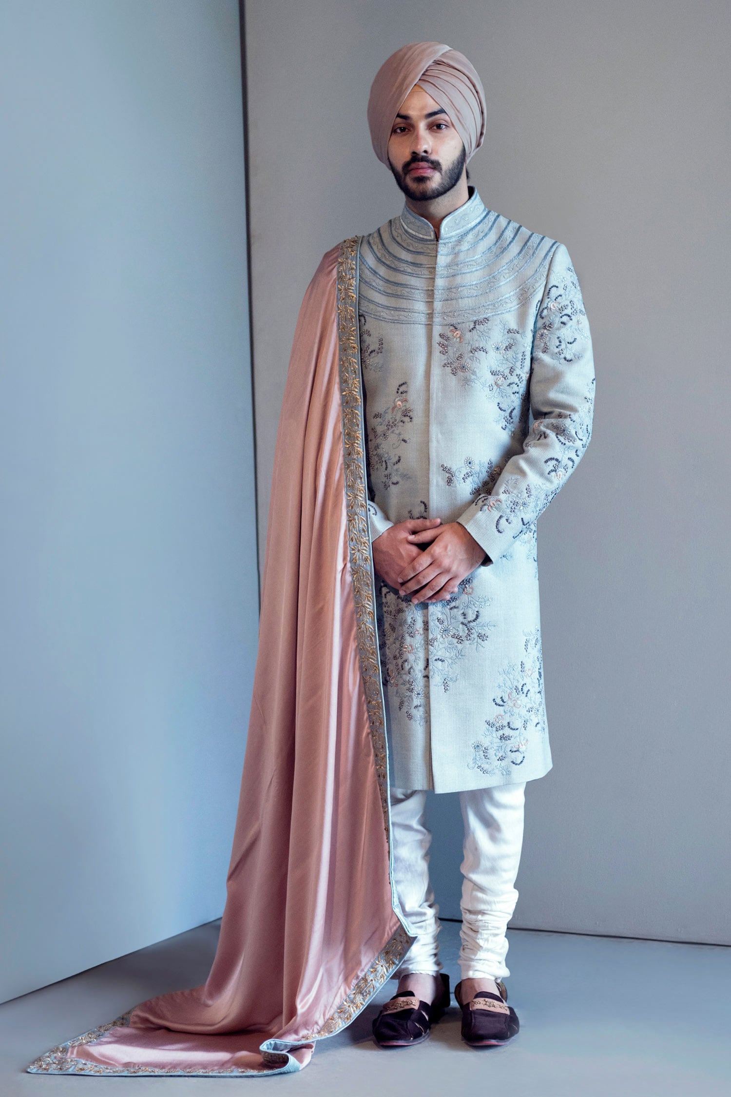 Buy Jatin Malik Blue Slub Silk Embroidered Sherwani Set Online | Aza ...
