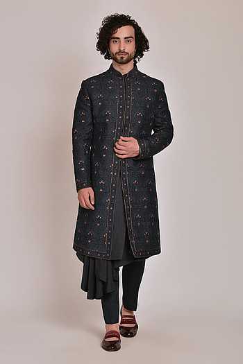 Hazy blue linen silk sherwani set