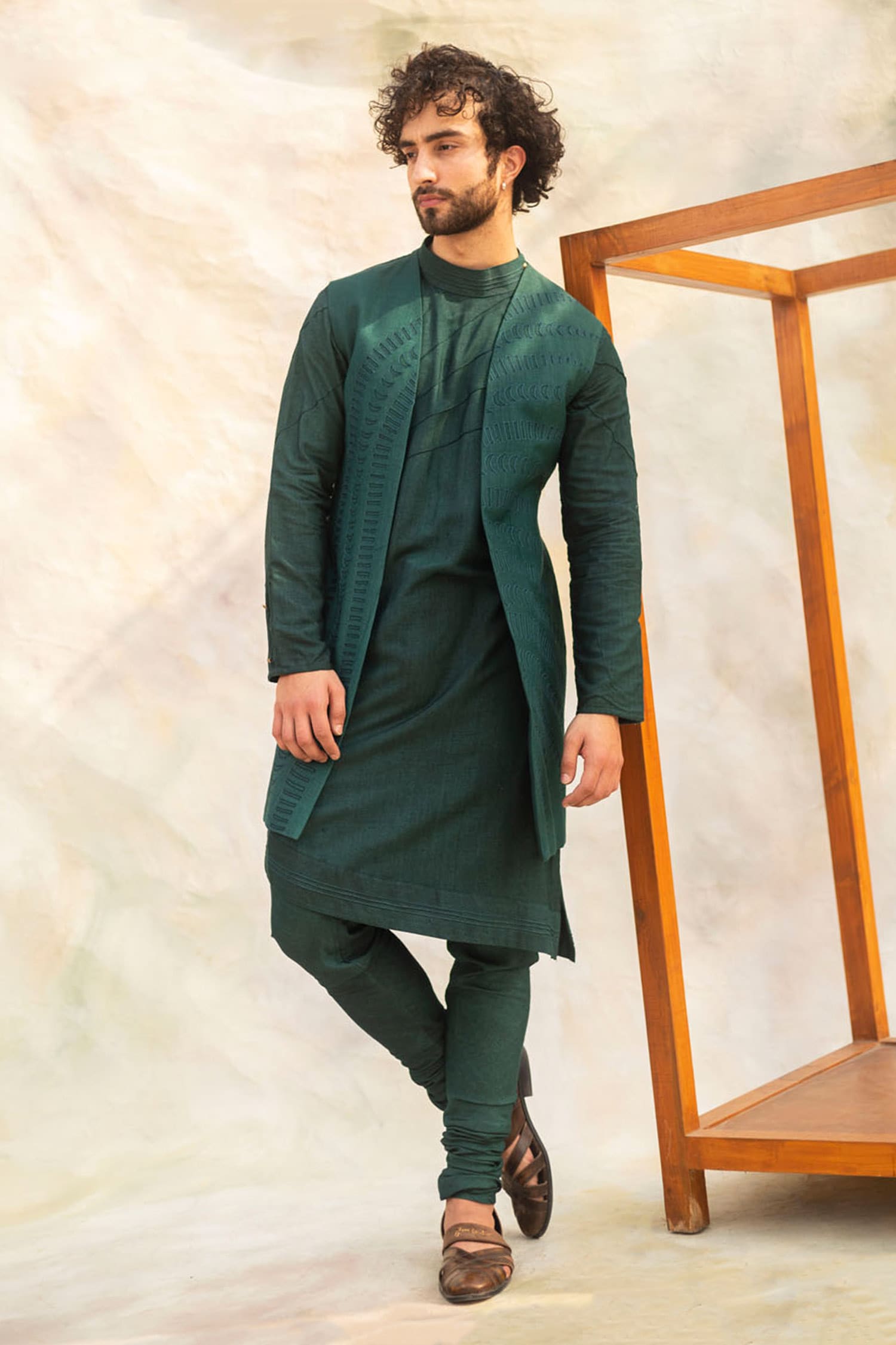 Buy Jatin Malik Green Slub Silk Embroidered Jacket And Kurta Set Online Aza Fashions