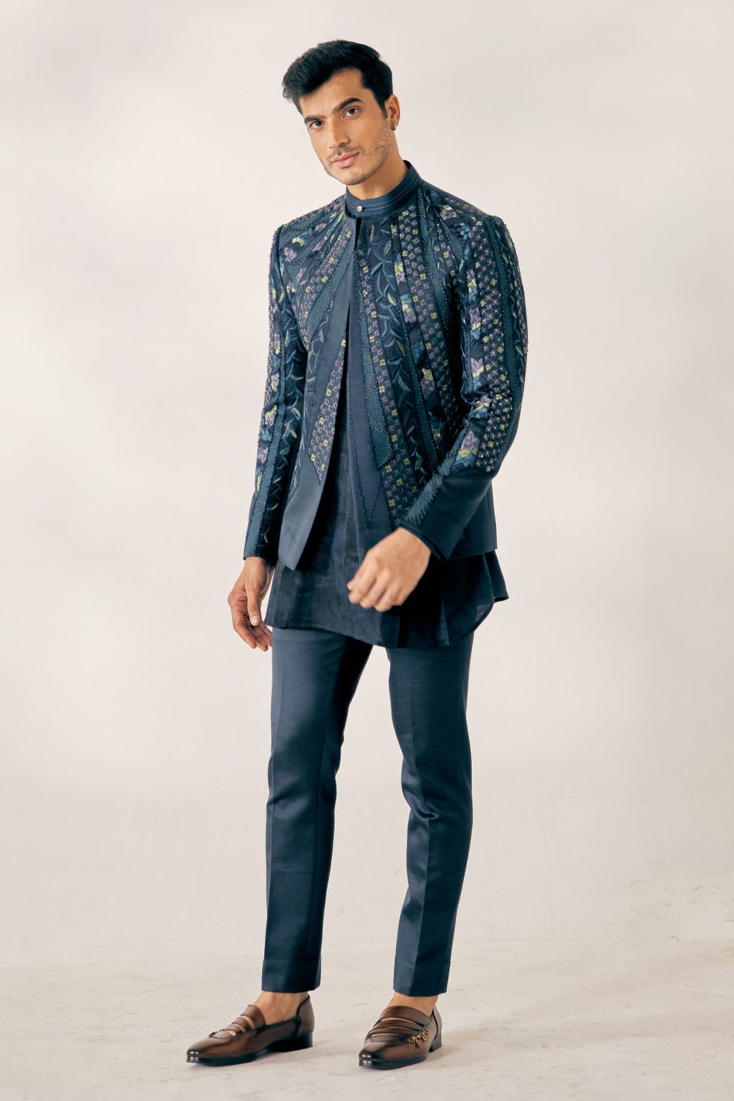 Jatin Malik Blue Linen Silk Embroidered Jacket And Pant Set For Men