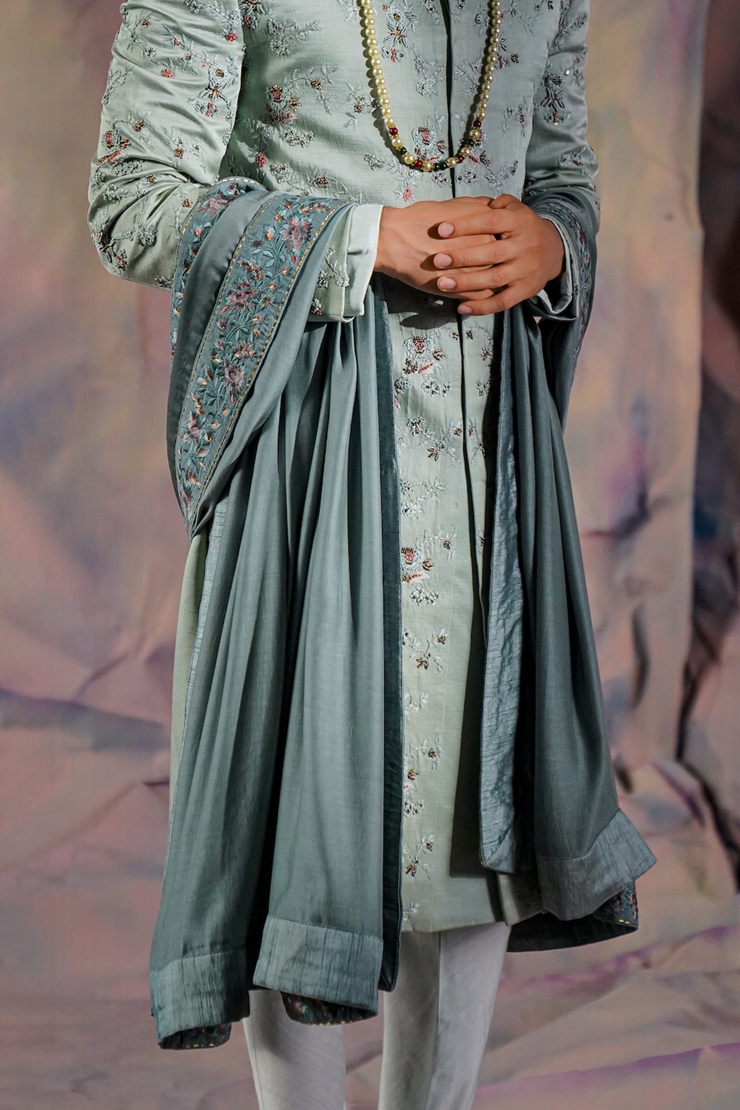 Jatin Malik Grey Embroidered Floral Border Stole