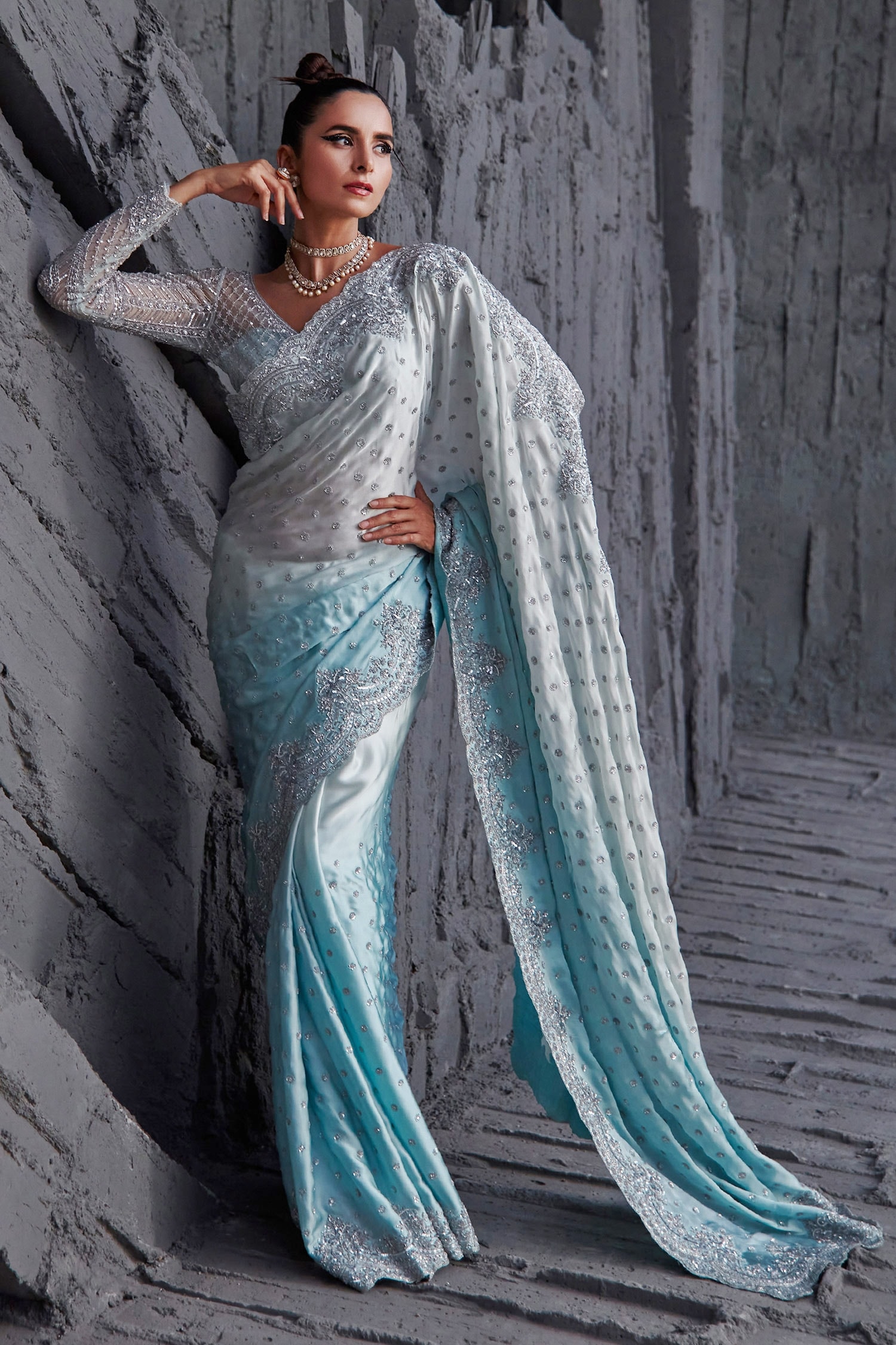 Jigar Mali Blue Butterfly Net Ombre Saree With Embroidered Blouse