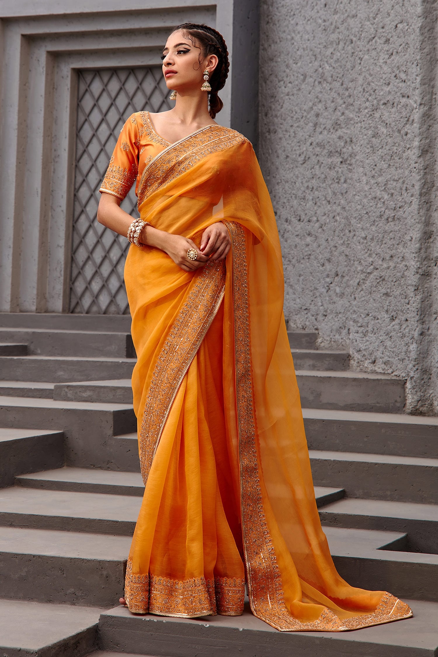 Orange Jari Border Saree With Contrast Blouse – Cygnus Fashion