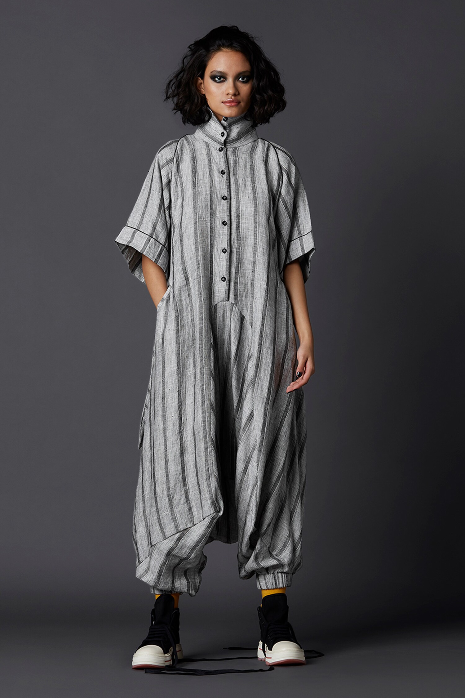 grey striped jumpsuit