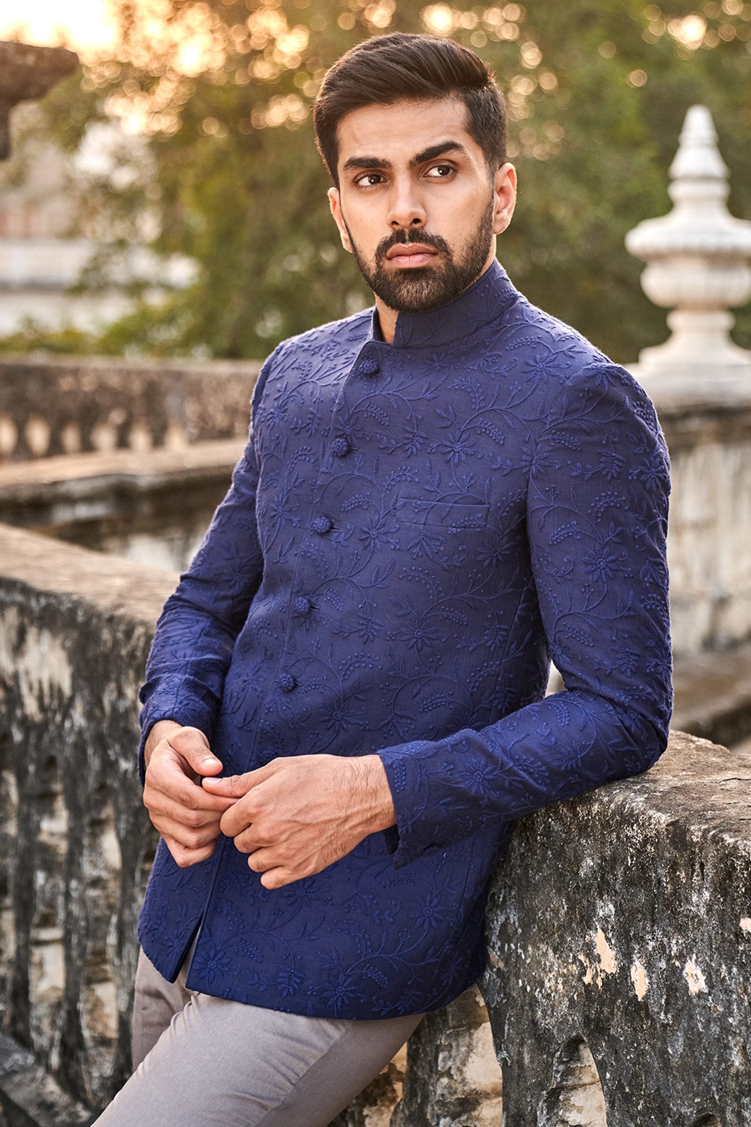 Buy Blue Embroidered Bandhgala And Pant Set For Men by JAYANTI REDDY ...