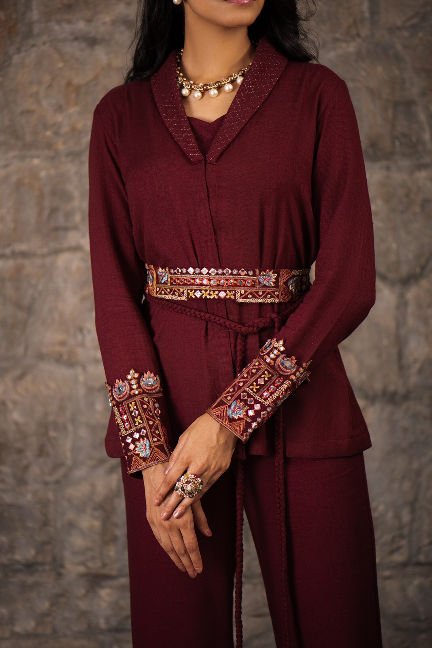 Buy Maroon Rayon Flex Embroidery V Neck Cuff Jacket And Pant Set For Women  by Inej Online at Aza Fashions.