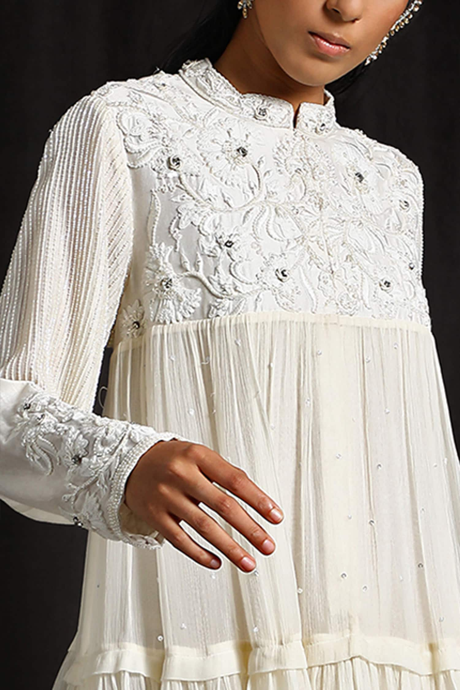 Buy White Chiffon Mandarin Collar Embroidered Layered Dress For 