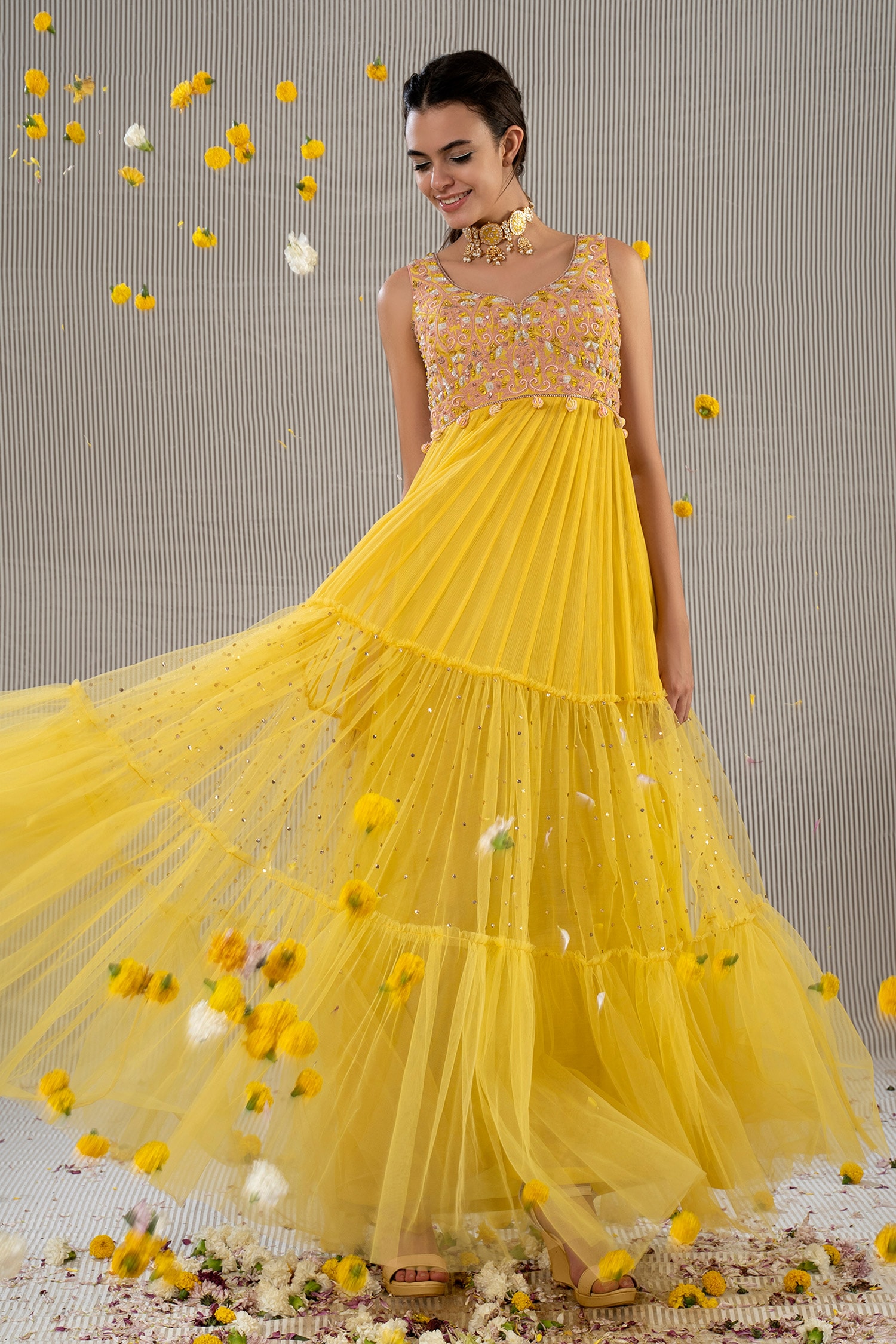 Yellow Net Ruffled Lehenga Choli Set - Dress me Royal
