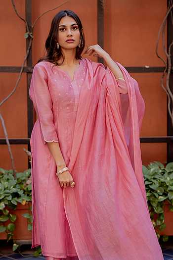 Juanita-Handwoven Chanderi Set in Midnight Blue and Blush Color