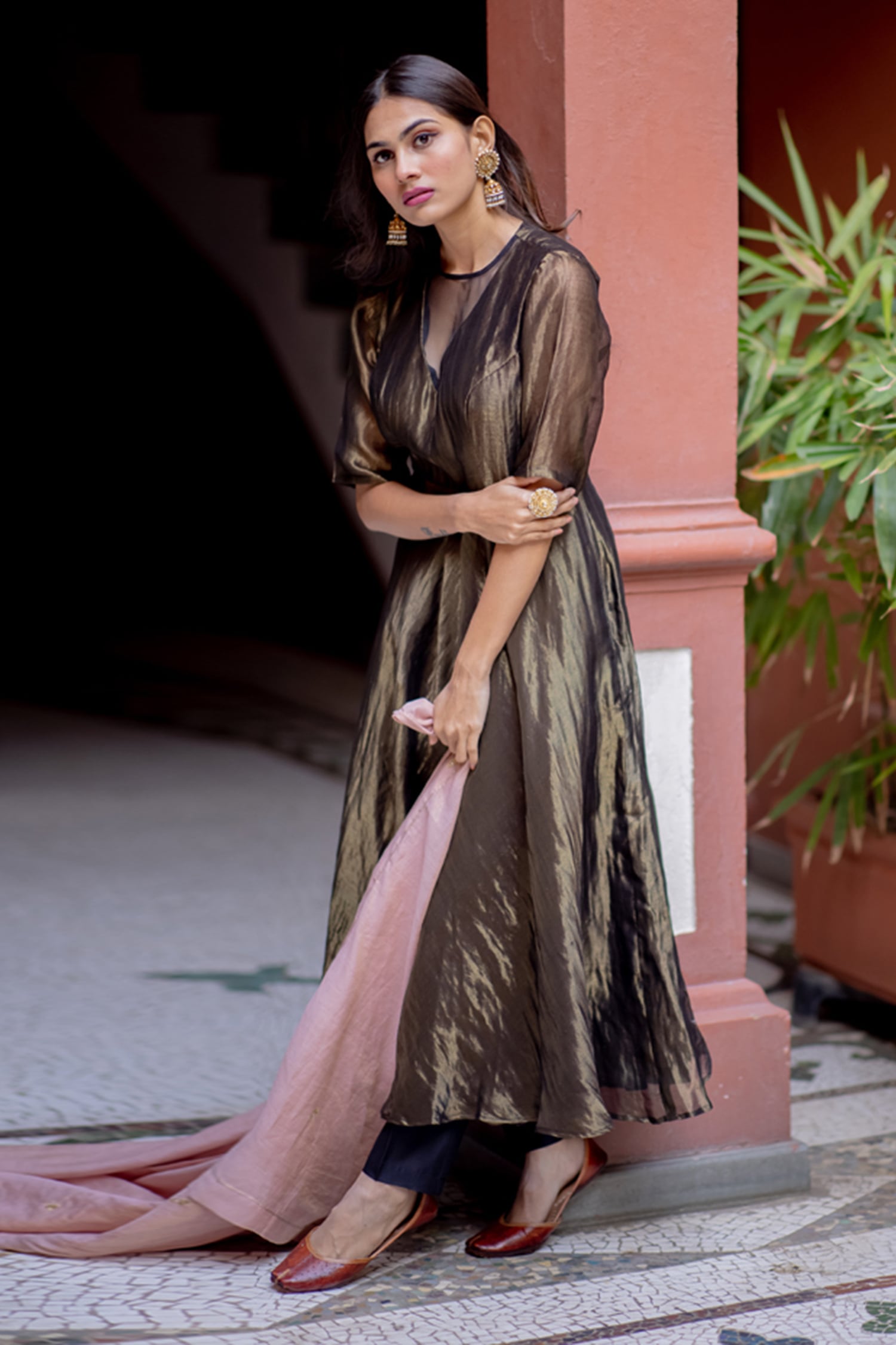 Black kurta and pants with red banarasi dupatta  set of three by Label  Krisha  The Secret Label