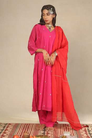 Juanita- Handwoven chanderi wine and teal kurta set