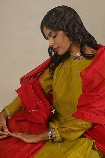 Juanita- Handwoven Chaderi sage green set gather front kurta with embellishment