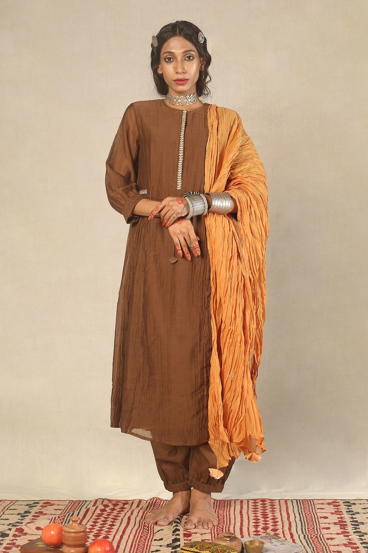 Buy Brown Handwoven Chanderi Round Kurta Set For Women by Juanita by ...