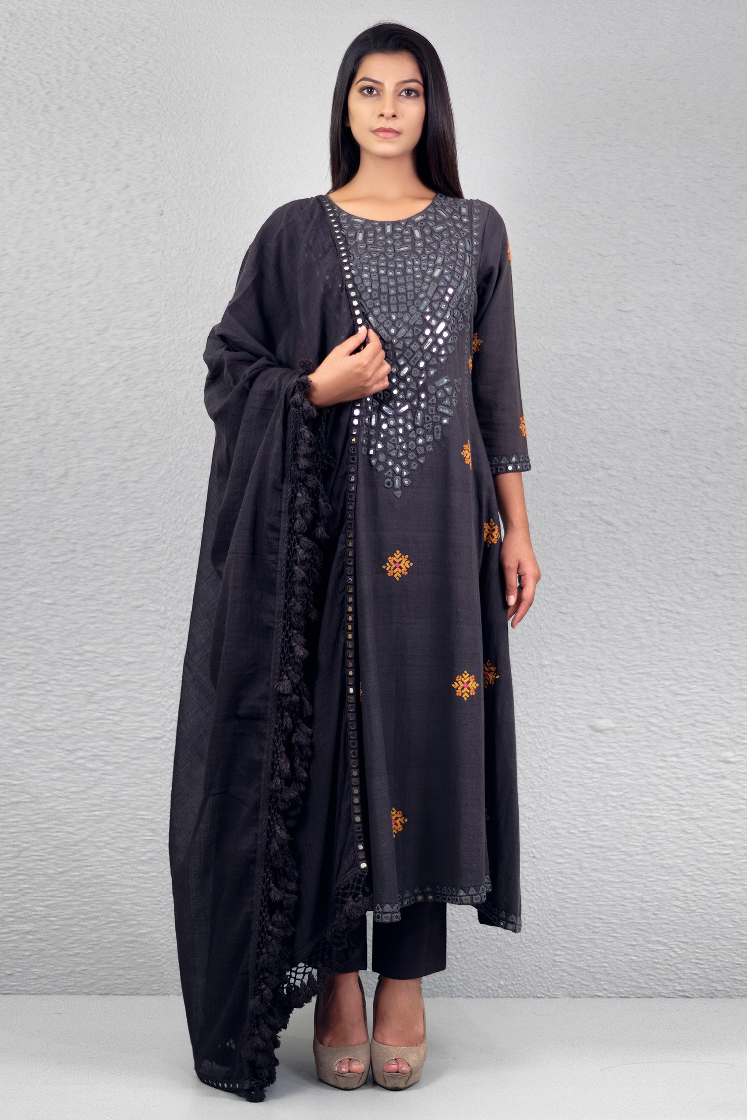 Buy Purvi Doshi Grey Handloom Cotton Embroidered Anarkali Set Online ...