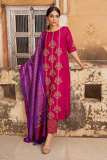 Women pink tissue shimmer kurta with silk pant & dupatta-230VAASPINK