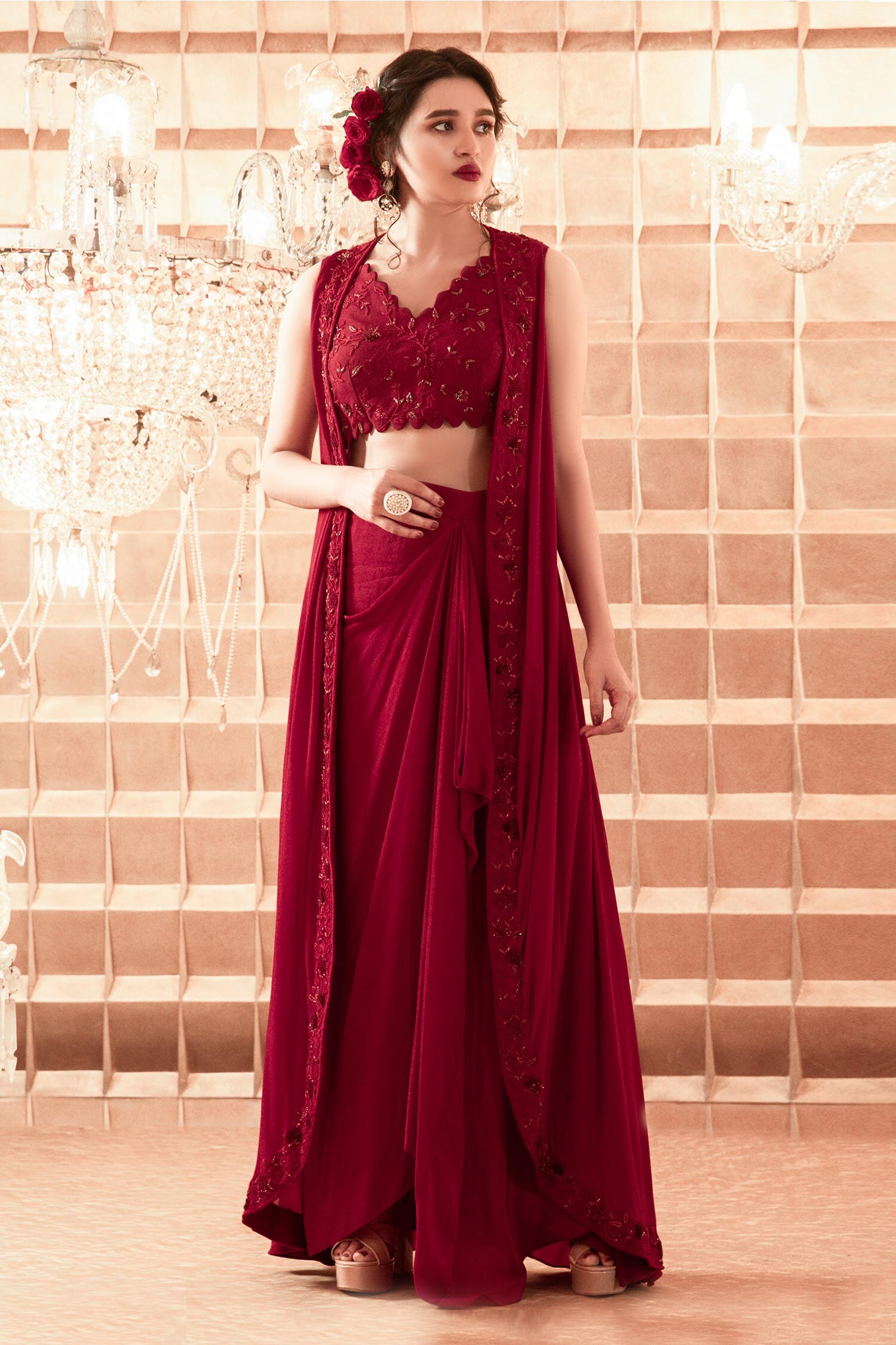 Buy Maroon Jacket Paper Silk; Blouse Silk; Embroidered Set With For