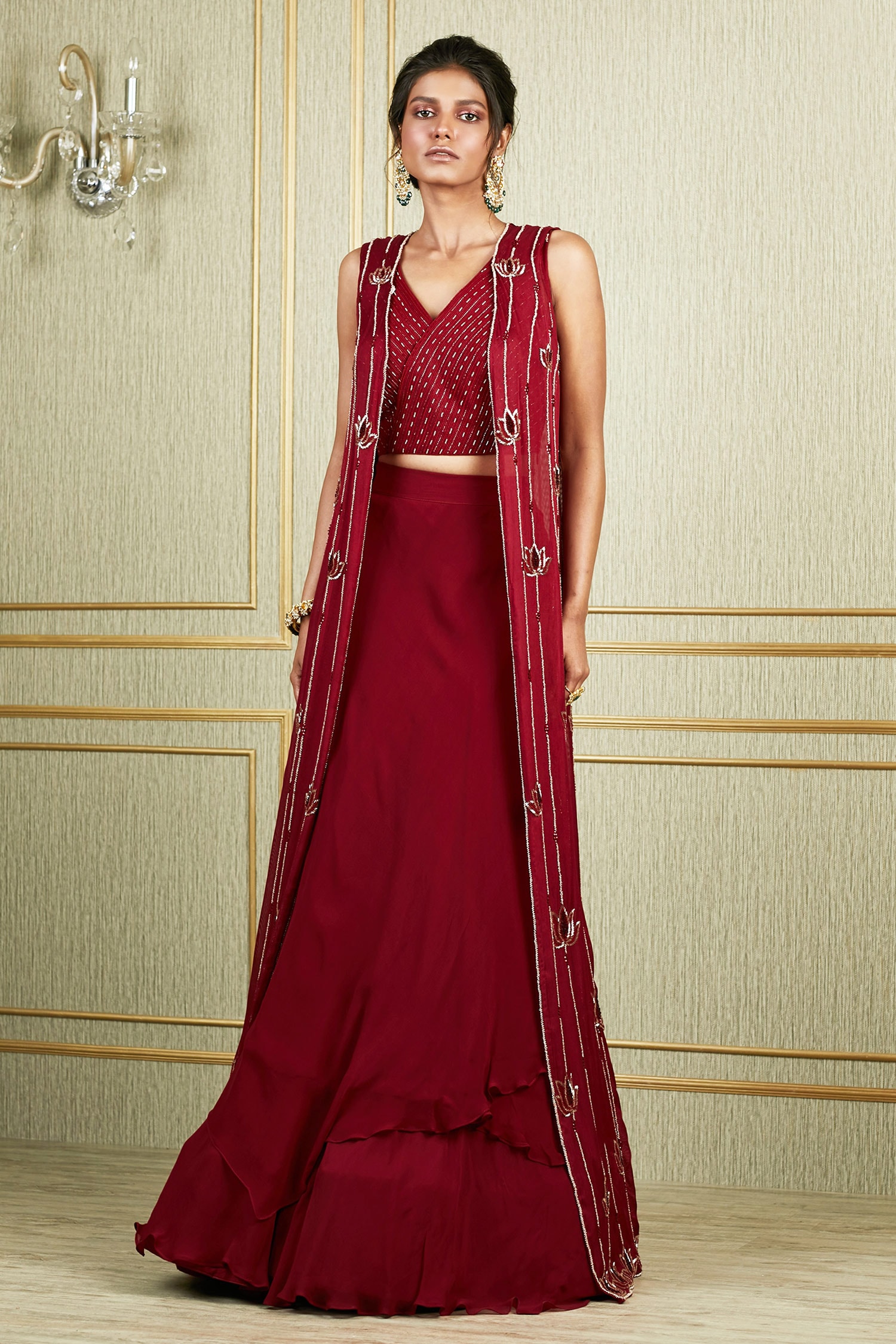 Red color Long Jacket lehenga available online – Panache Haute Couture