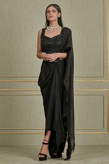 Buy Black Paper Silk Sweetheart Neck Predraped Saree Set For Women by — free download