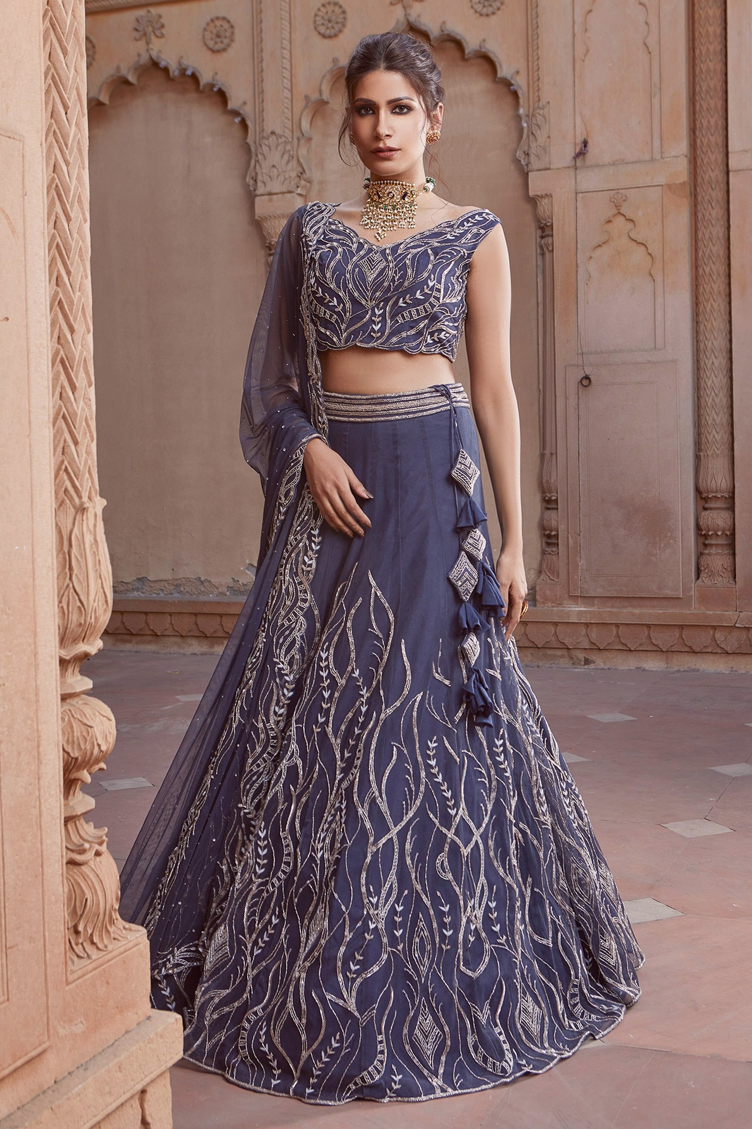 Samyukta Singhania Embroidered Blouse And Lehenga Set | Green, Net, Round,  Sleeveless | Aza fashion, Fashion, Lehenga