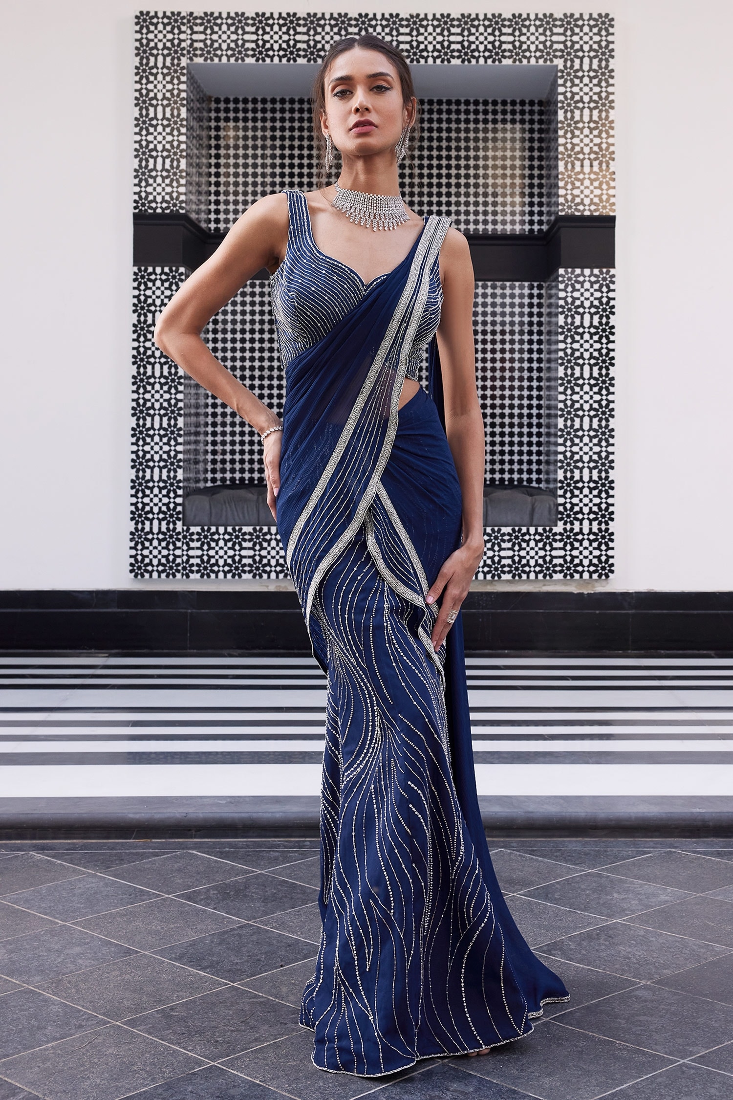 Charu and Vasundhara Blue Blouse: Tussar And Saree: Net & Chiffon Eliza Pre-draped With For Women