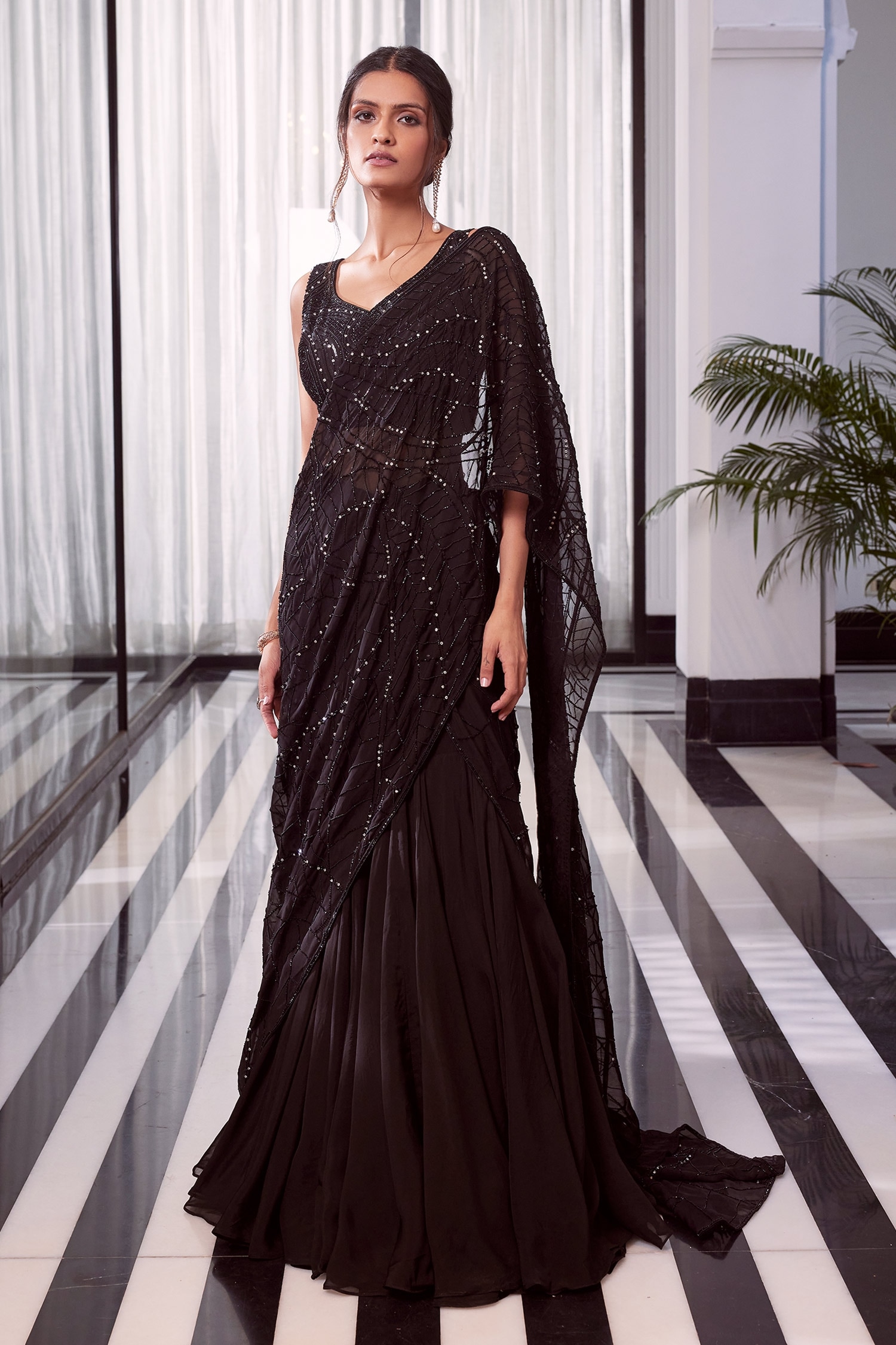 Buy Black Tussar And Organza Embroidery Bugle Beads Elora Lehenga Saree