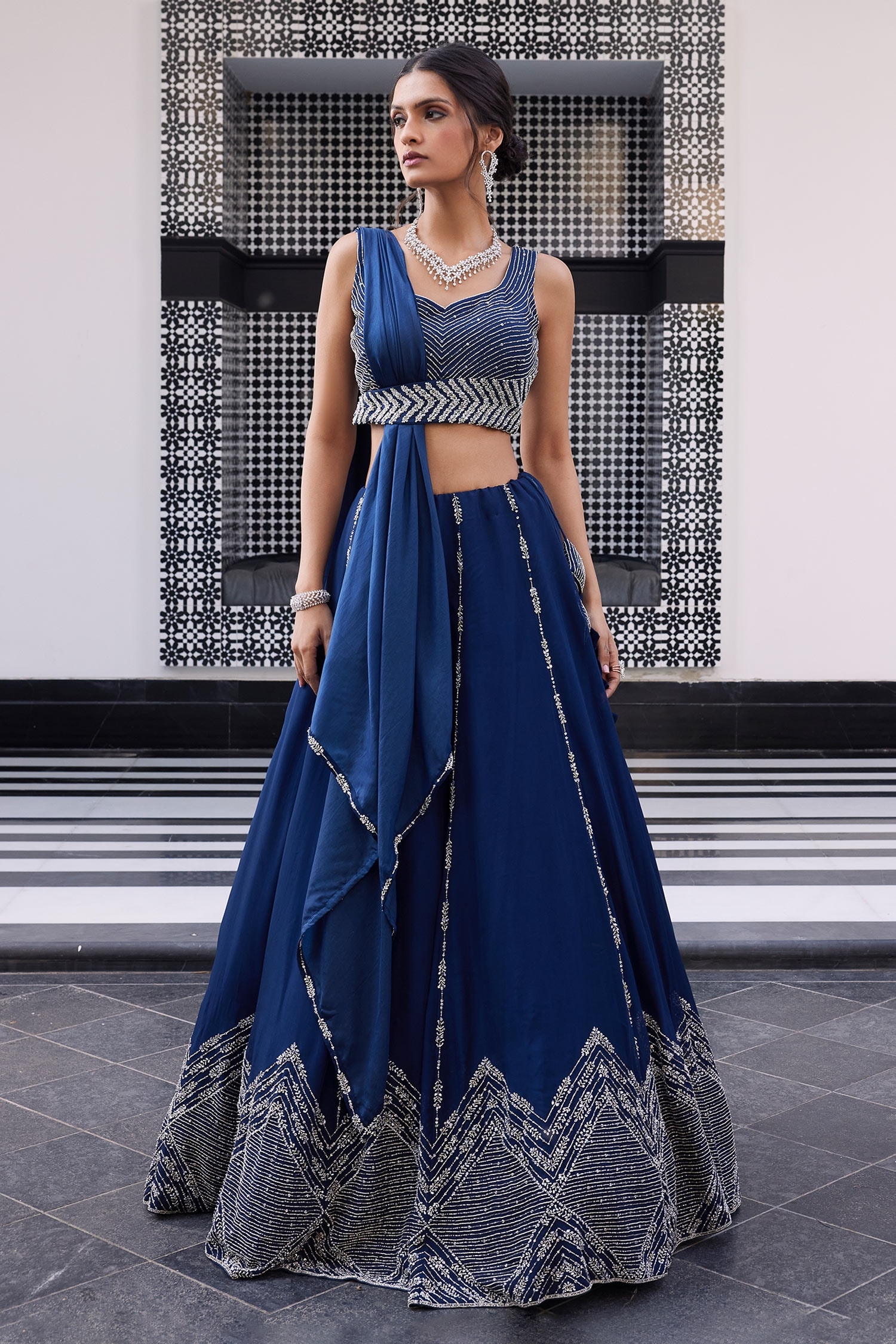 Buy Blue Blouse Net Embroidered Diamond And Motifs Neck Ezra Lehenga ...