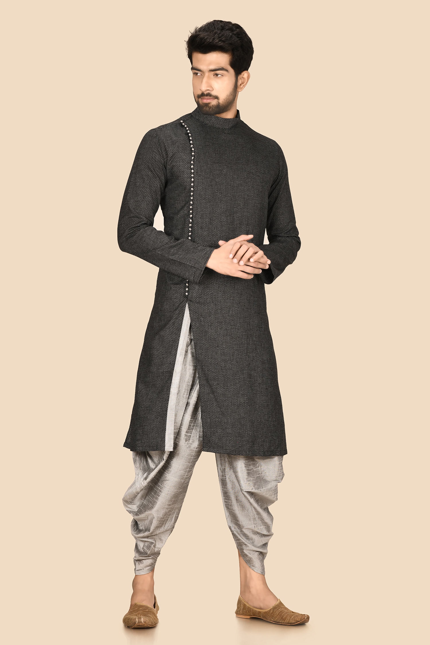 Aryavir Malhotra Black Cotton And Silk Straight Kurta & Dhoti Pant Set For Men