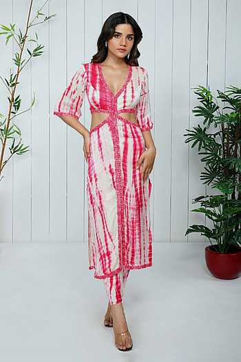 Women's Tie and Dye Pink Gota Patti Straight Kurta Set