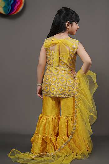 Girls Yellow Embroidered Kurti With Skirt