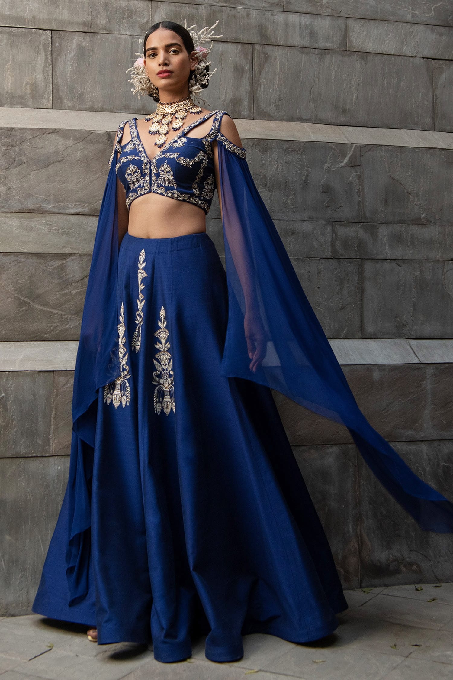 Buy Kaaisha by Shalini Blue Silk Cape Sleeves Blouse And Lehenga Set