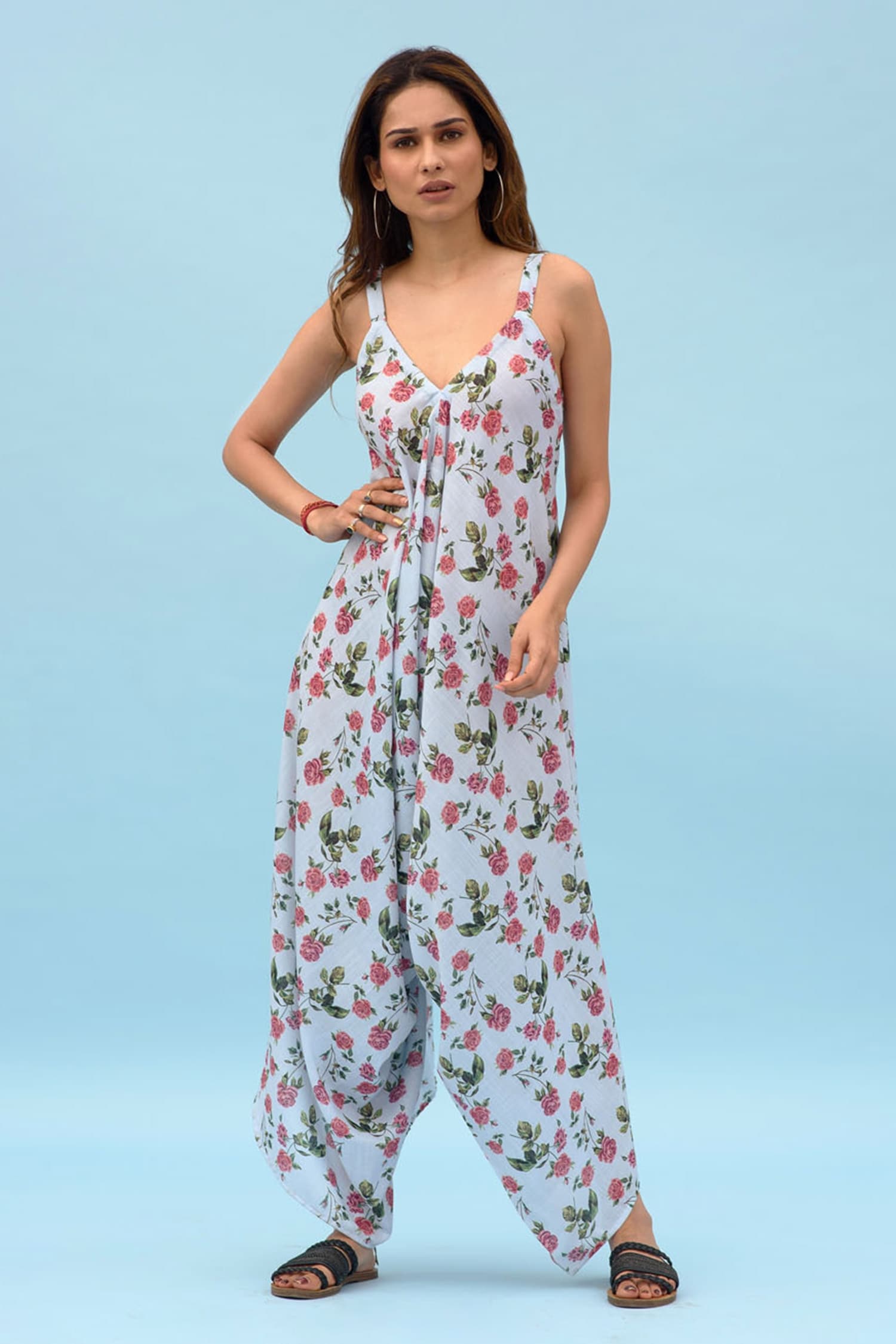 Buy Pasha India Blue Linen Printed Jumpsuit Online | Aza Fashions