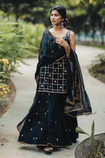 Women's Black Chinon Embroidered Straight Kurta Sharara With Dupatta