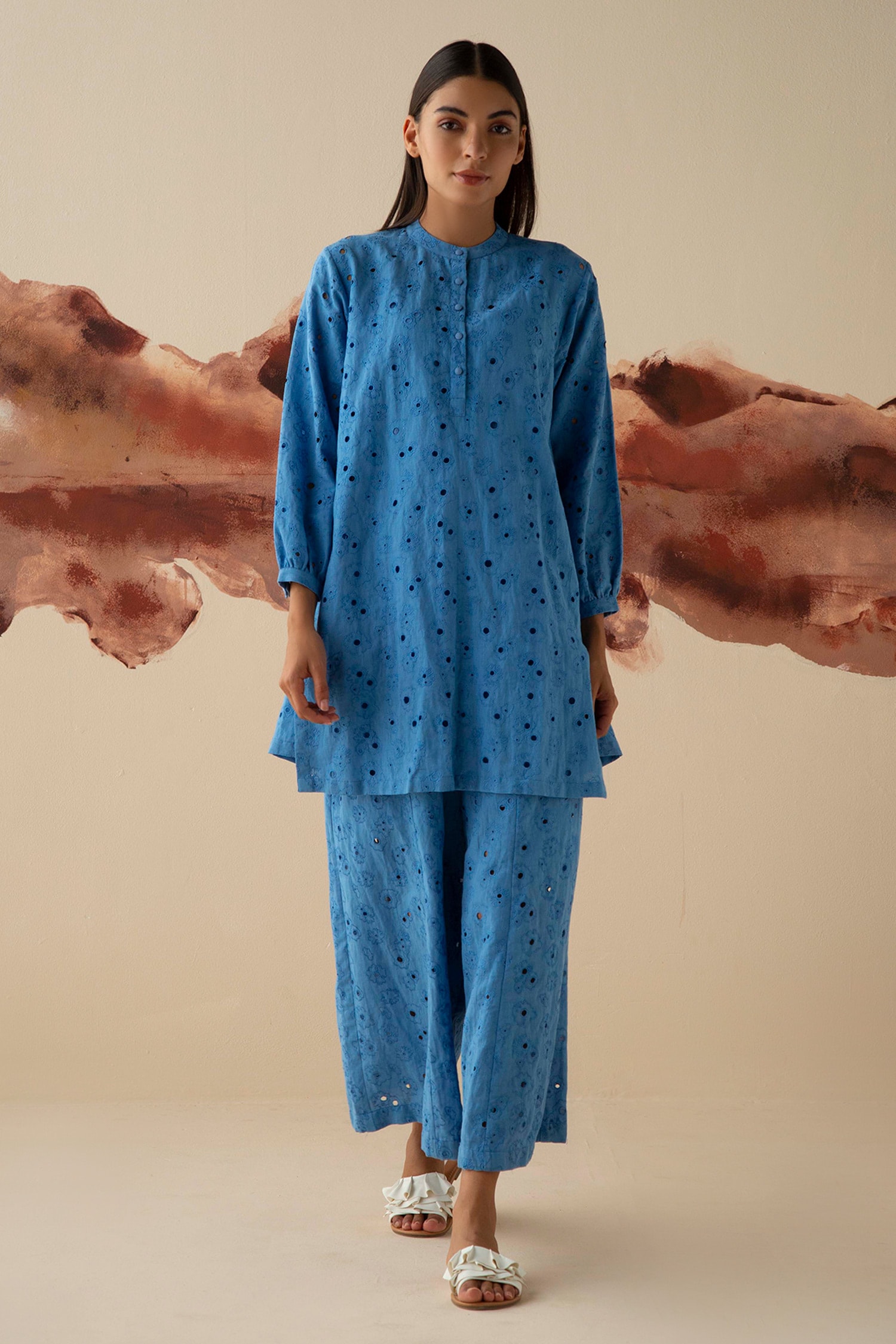 Buy Kanelle Blue Linen Embroidered Top And Wide-legged Pant Set Online ...