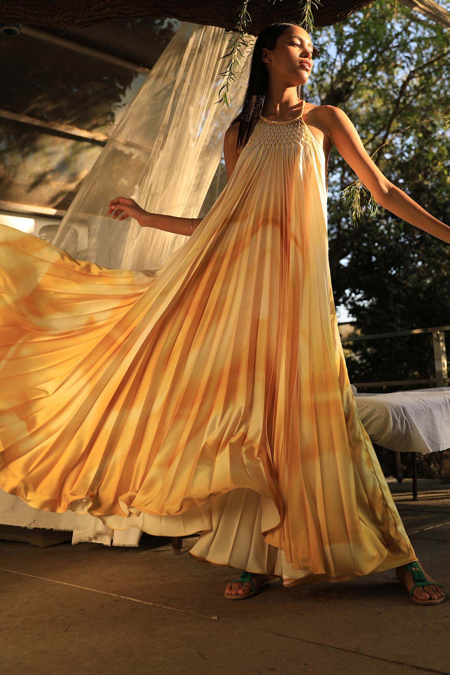 accordion pleated maxi dress