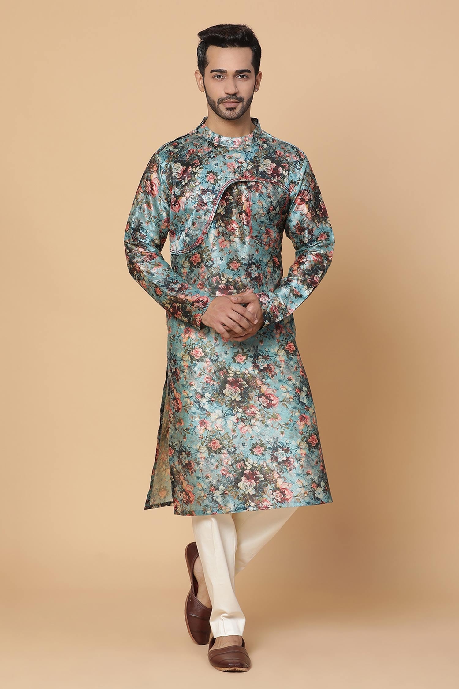 Buy Blue Silk Printed Floral Motifs Kurta For Men by Kudrat Couture ...