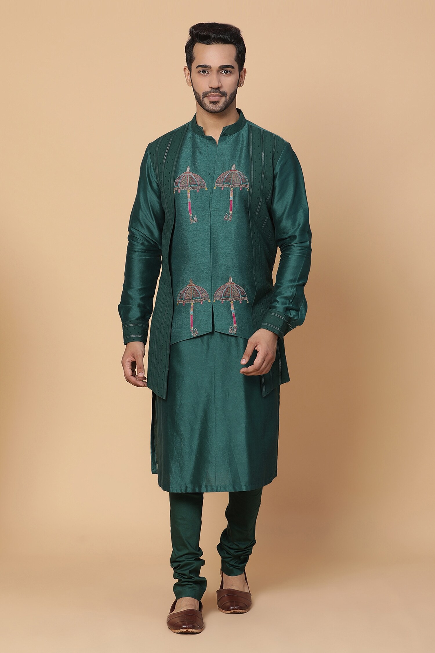 Buy Kudrat Couture Green Chanderi Umbrella Embroidered Kurta Set Online