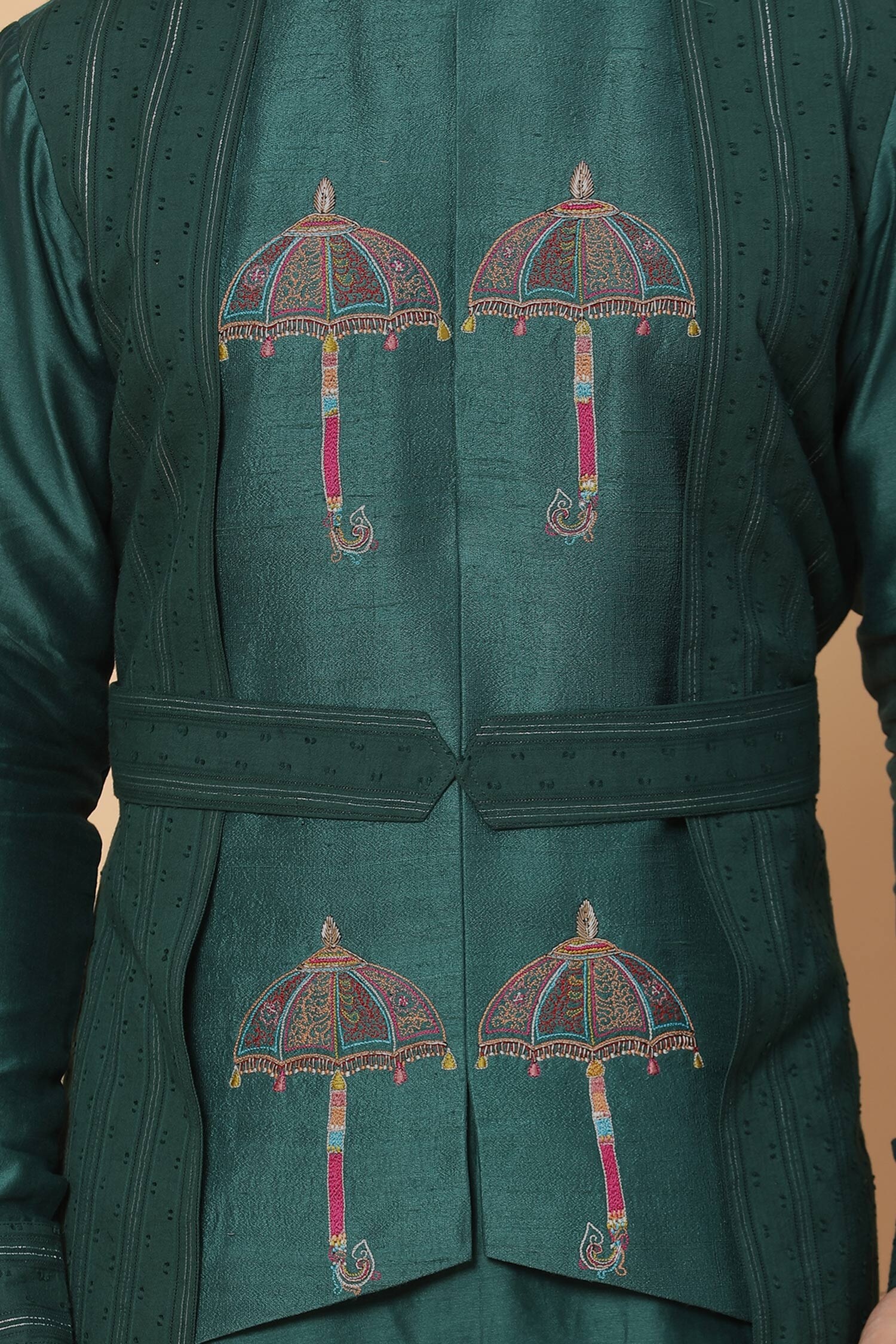 Buy Kudrat Couture Green Chanderi Umbrella Embroidered Kurta Set Online