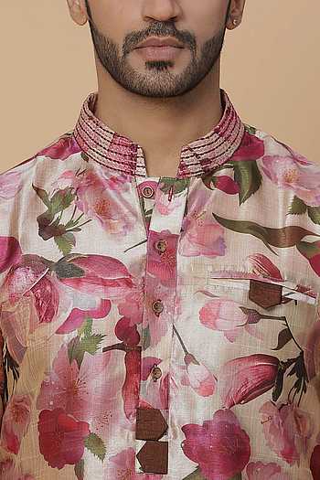 Buy Kudrat Couture Beige Silk Cherry Blossom Print Kurta Online Aza