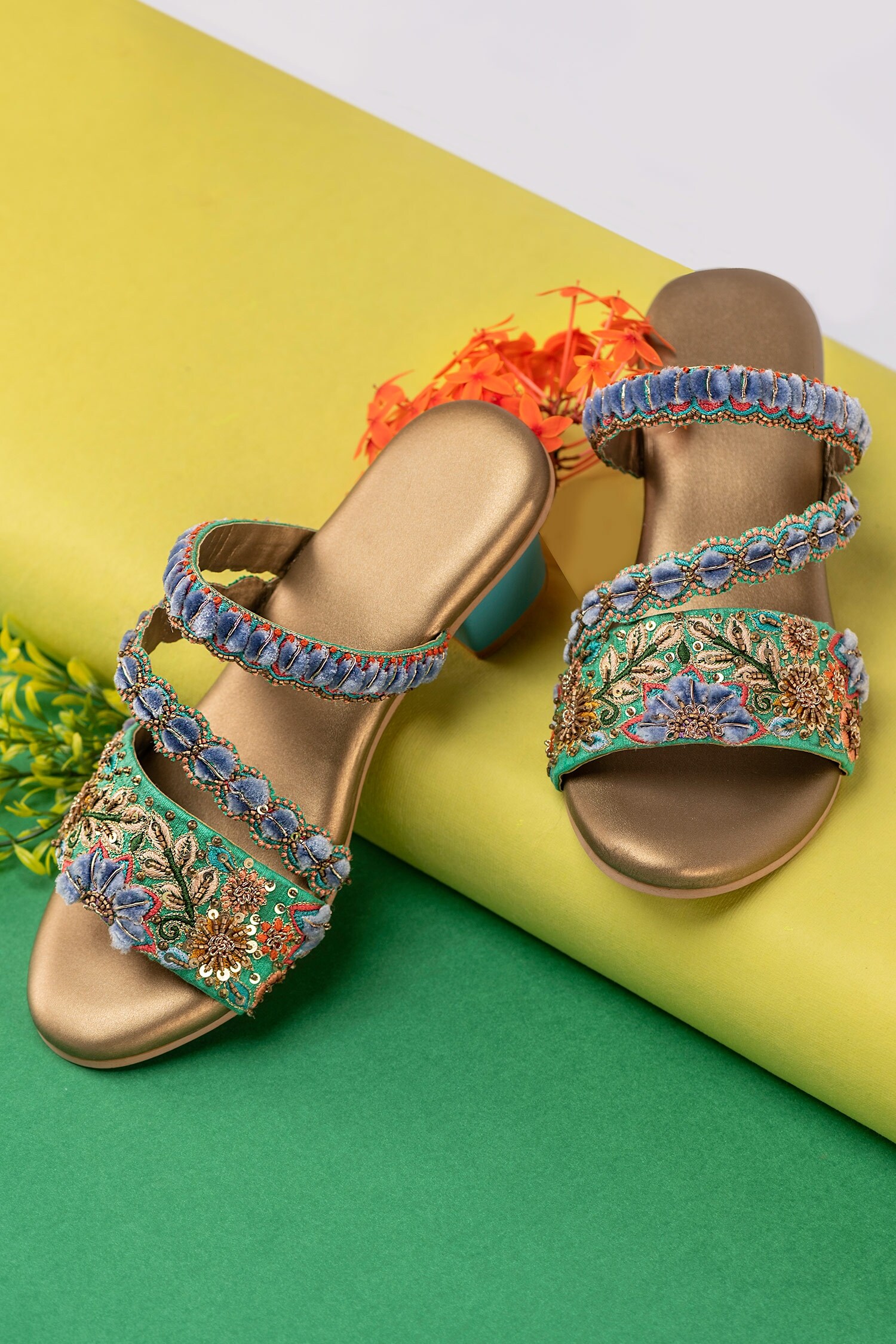 Buy Purple Embroidered Strappy Block Heels by Kanyaadhan by