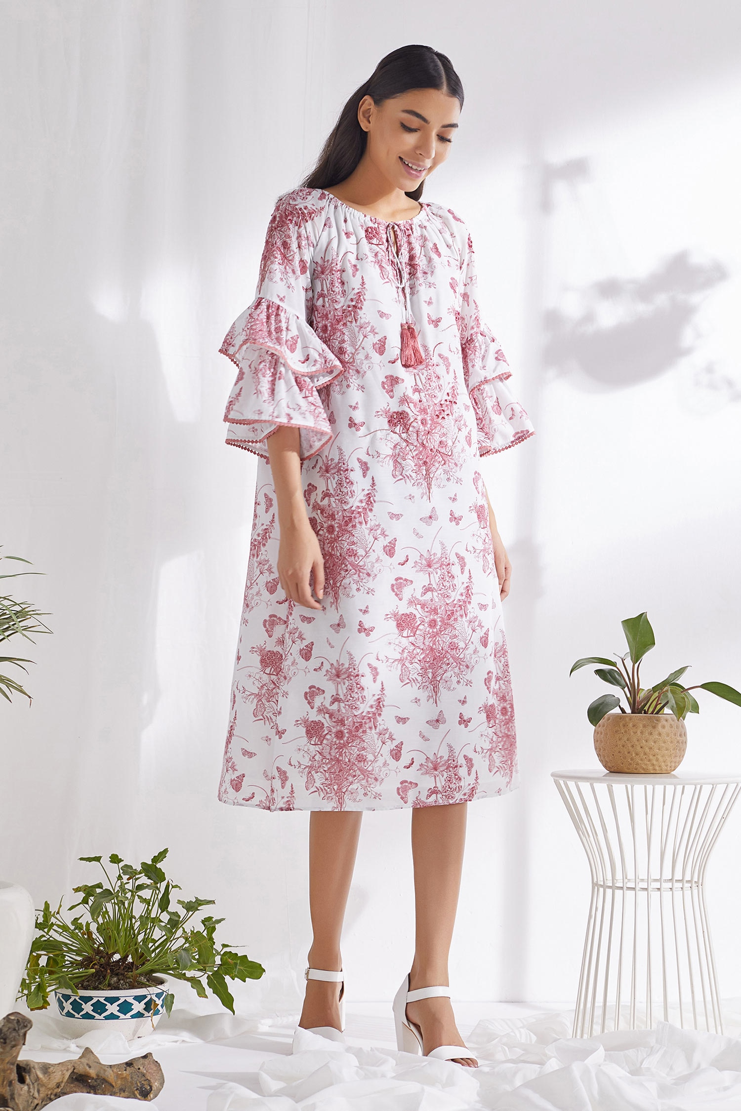 Pankaj & Nidhi White Cotton Silk Floral Print A-line Dress