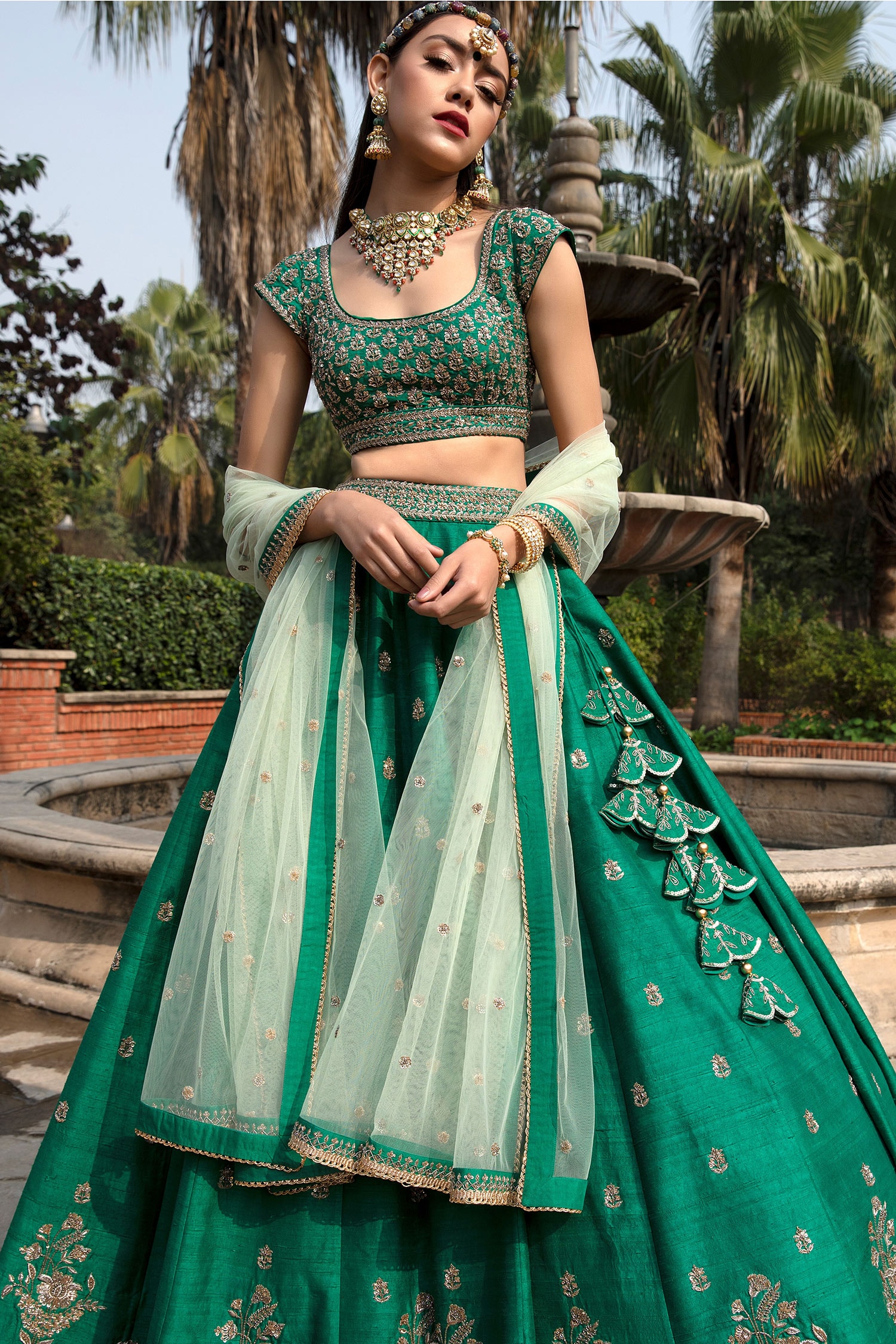 Buy Green Raw Silk Scoop Neck Embroidered Lehenga Set For Women by ...
