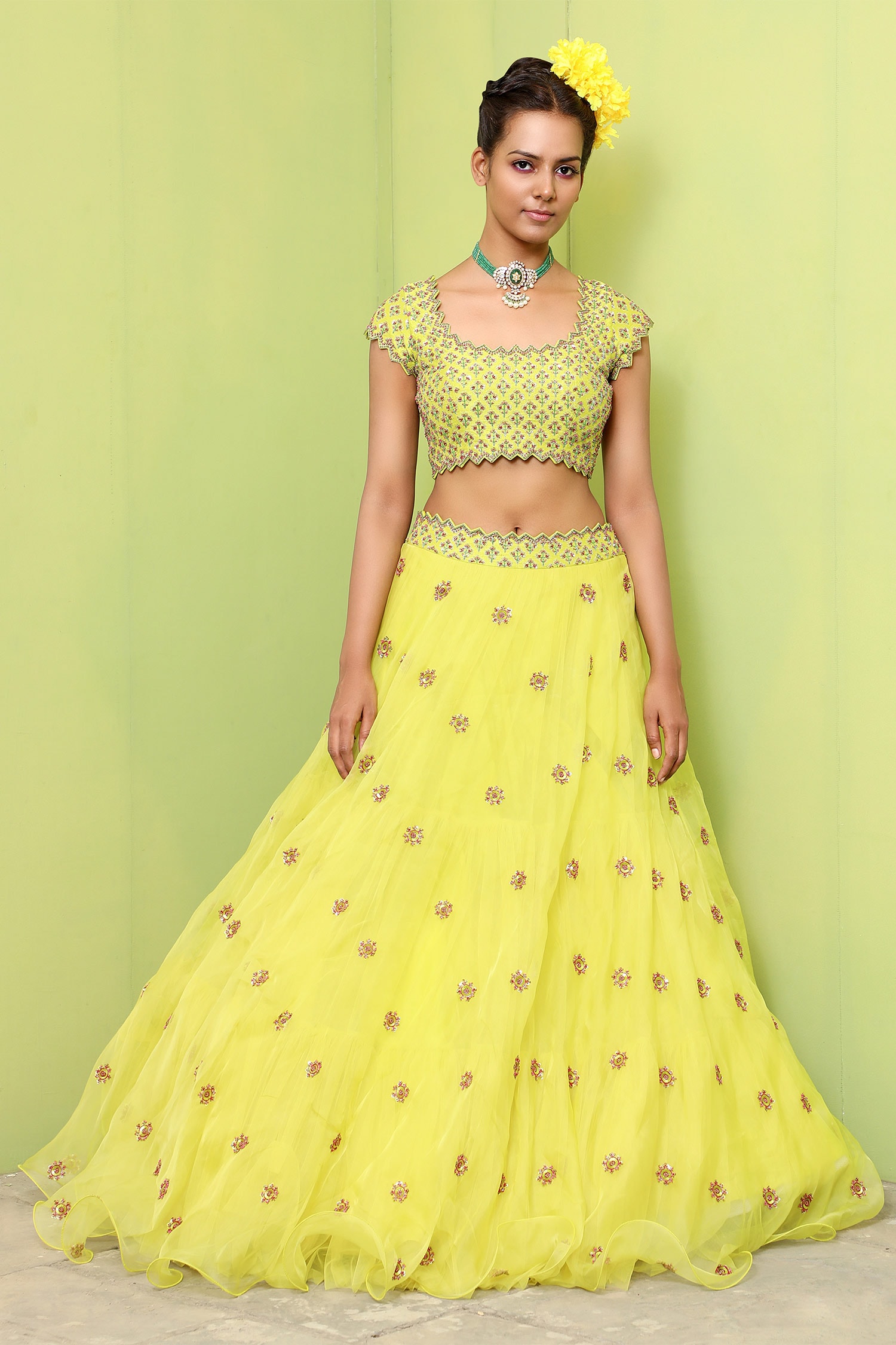 Buy Yellow Raw Silk Embroidery Square Neck Lehenga Set For Women By