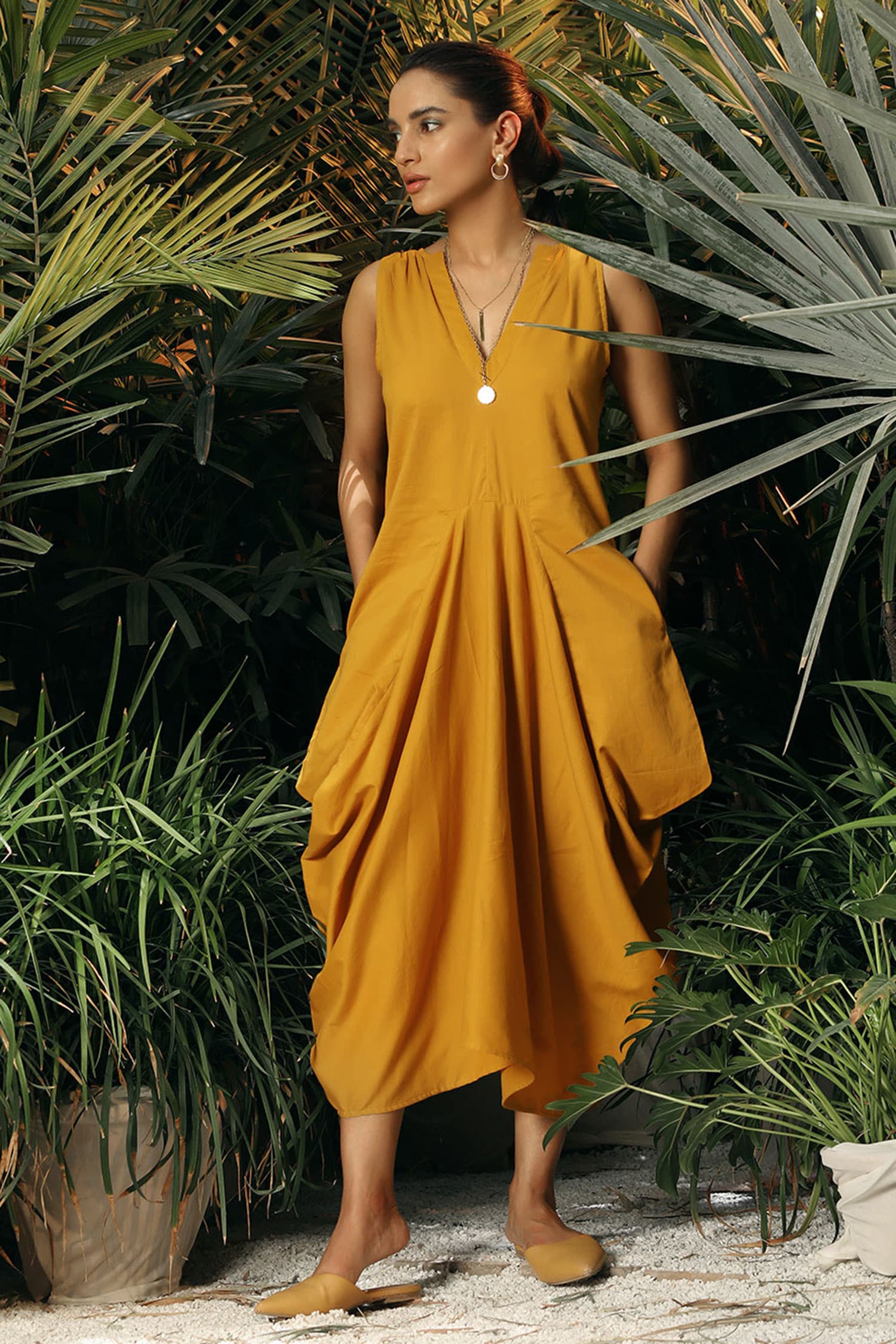 Buy Yellow Silk Cotton Cowl Draped Dress With Embroidered Jacket For Women  by Rishi and Soujit Online at Aza Fashions.