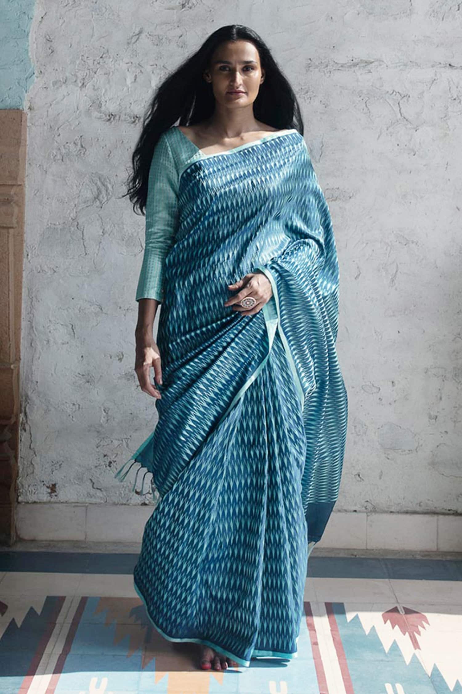 Buy Kasturi Kundal Blue Silk Banarasi Handloom Saree Online | Aza Fashions