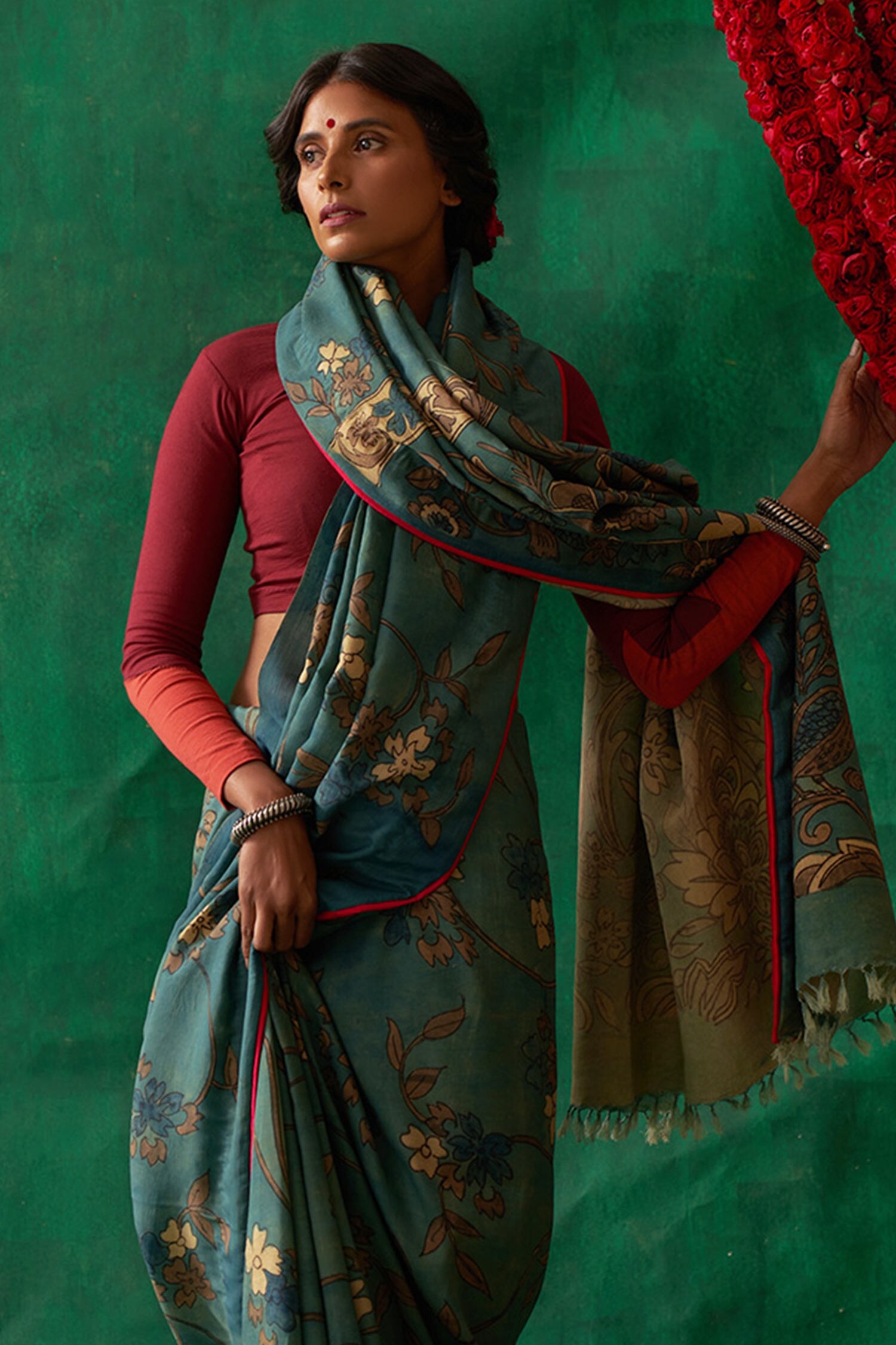 Buy online Pure Soft Silk Saree With Floral Kalamkari Print & Rich Pallu-  Blue-AF1638