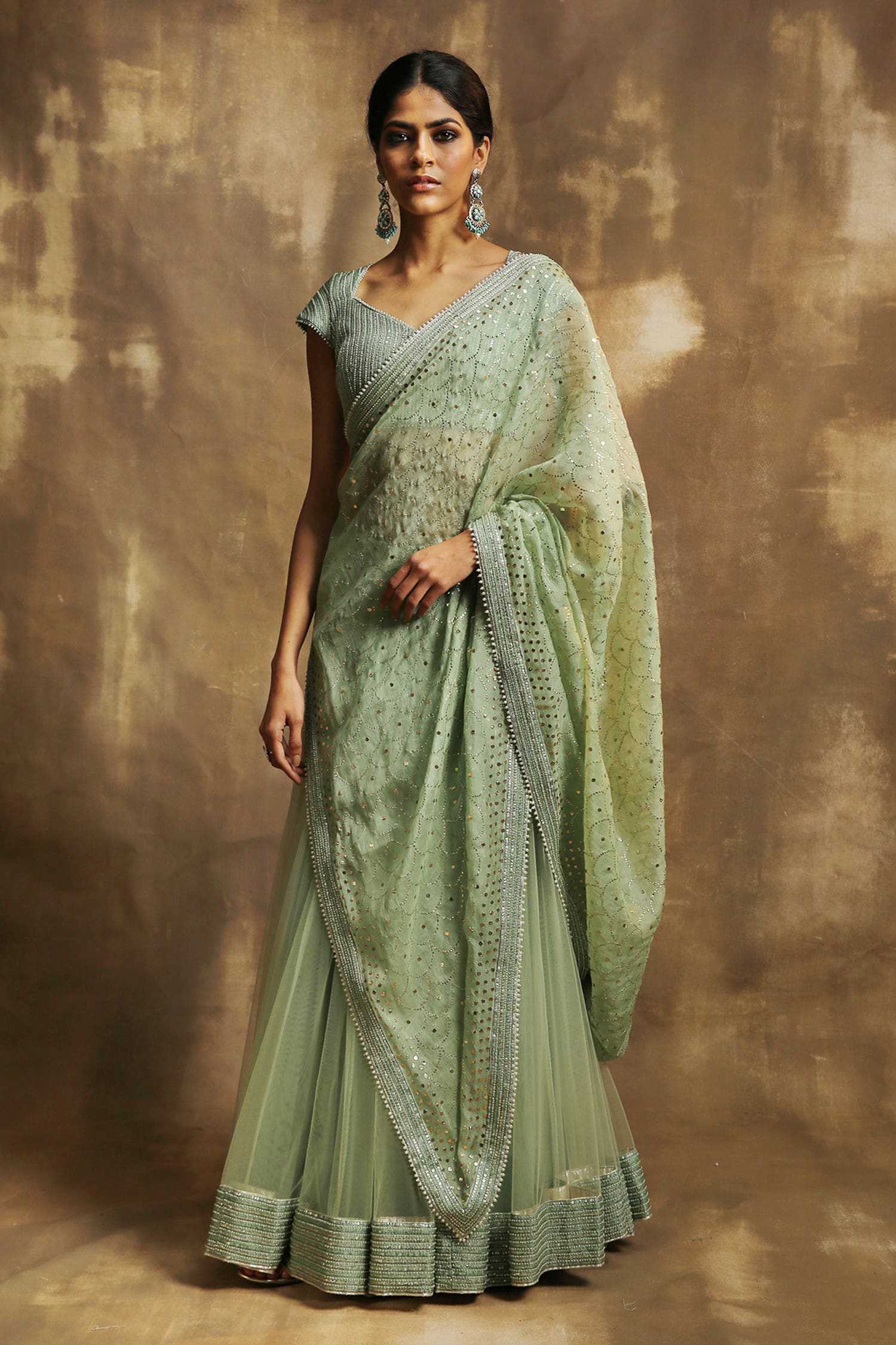 Pure Micro Velvet Party Wear Lehenga Saree In Green With Embroidery Stone  Work - Saree