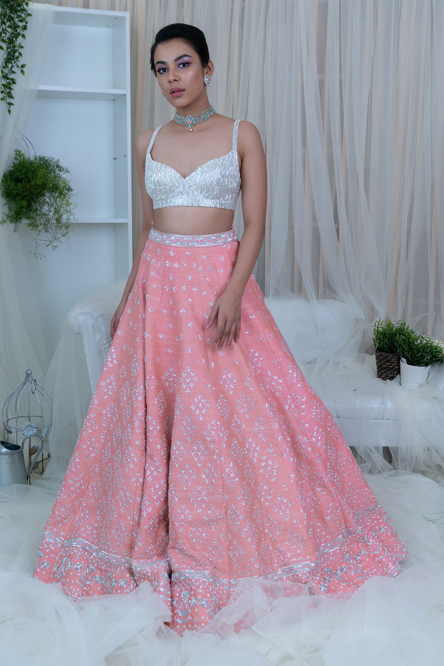 Varun Chakkilam Coral Top: Net; Skirt: Raw Silk Sweetheart Embroidered Lehenga Set For Women