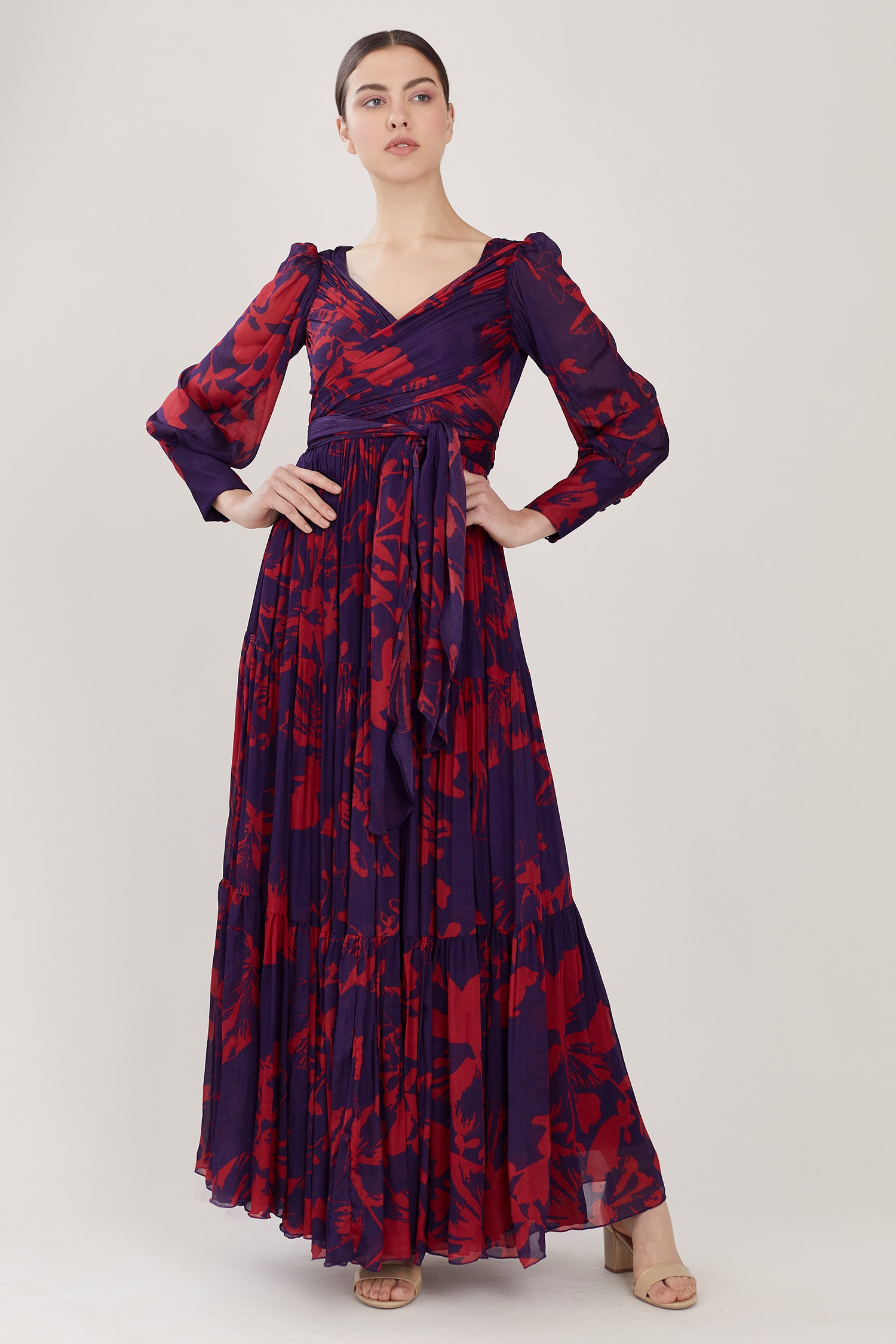 Buy Purple Chiffon V Neck Floral Print Dress For Women by KoAi Online ...