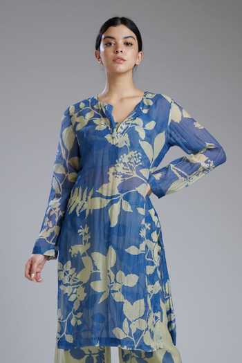 Aasir Stone Blue Tunic Set In Chanderi