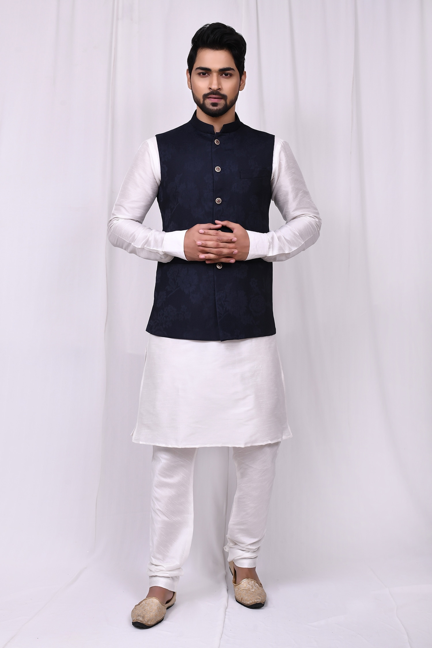 Buy Samyukta Singhania Blue Art Silk Embossed Nehru Jacket Kurta Set ...